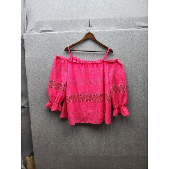 Womens Off-Shoulder Hot Pink Blouse With Lace Detailing & Ruffled Sleeves Size 1 - Picture 5 of 5